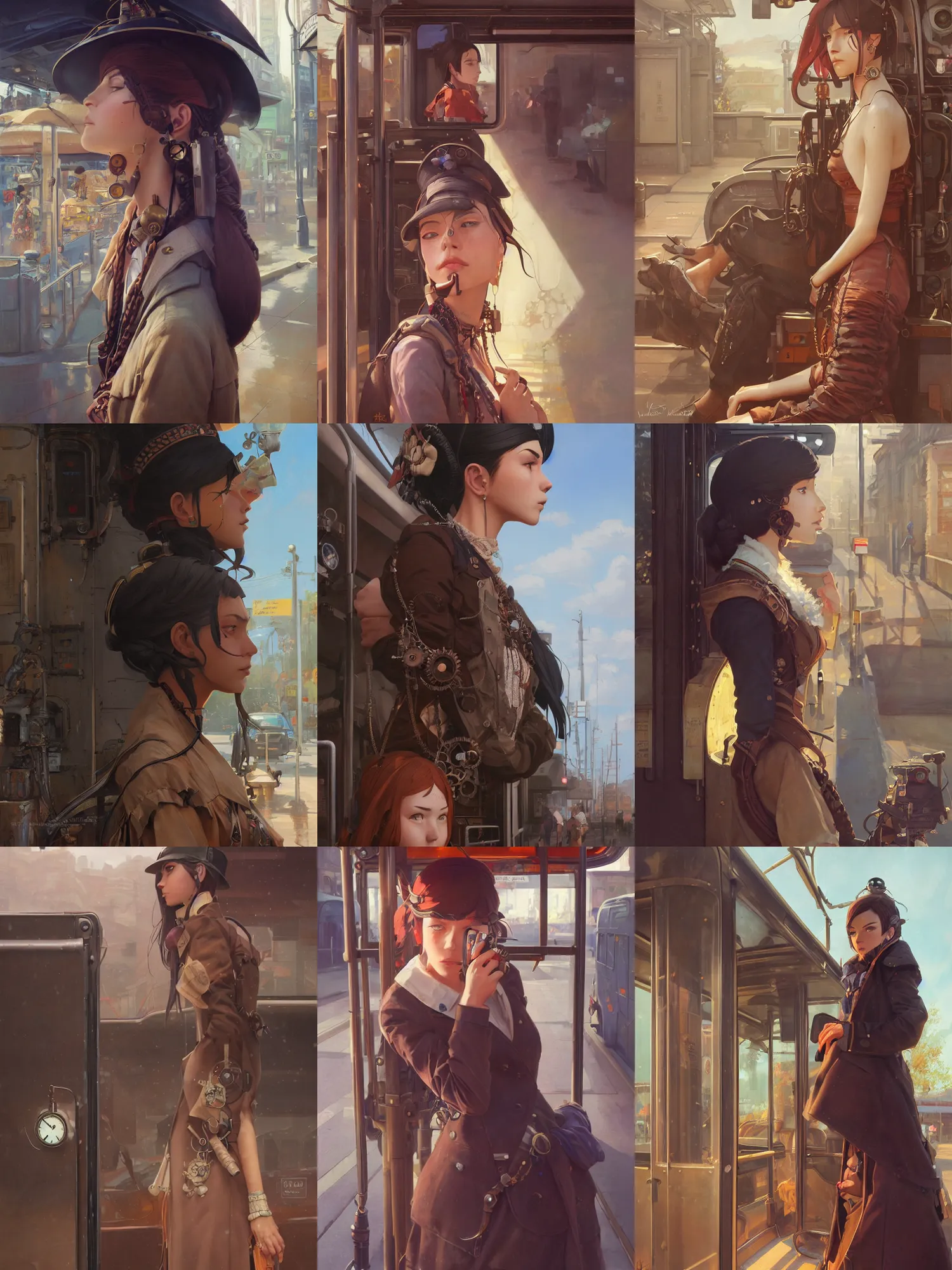 Prompt: an ultradetailed beautiful portrait painting of an female steampunk native inside a bus stop, side view, oil painting, high resolution, by ilya kuvshinov, greg rutkowski and makoto shinkai