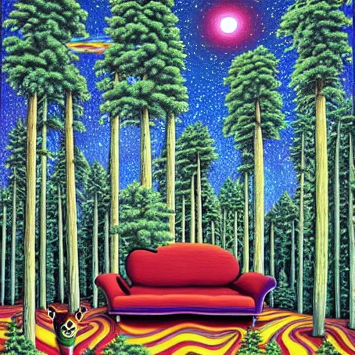 Prompt: psychedelic trippy saskatchewan pine forest, planets, milky way, sofa, cartoon by rob gonsalves