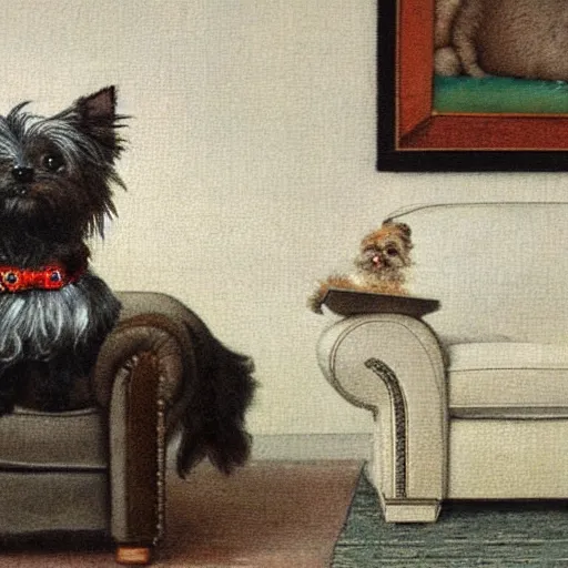 Image similar to gray Yorkie dog sitting on a white leather recliner, extremely detailed masterpiece, illustration, by Michael Sowa,