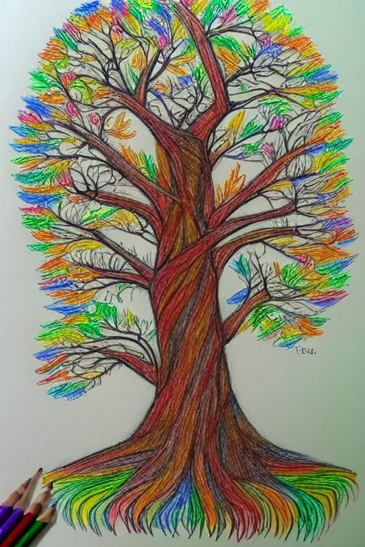 Prompt: a tree, drawn with crayons by a child, intricate, elegant, highly detailed, smooth, sharp focus, artstation