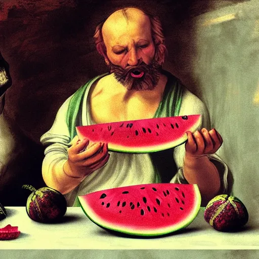 Prompt: pug eating watermelon in heaven painted in the style of michaelangelo, concept art