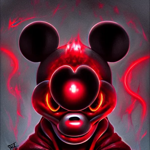 Image similar to Portrait of an evil looking Mickey Mouse, red flames in eyes, fantasy, D&D, horror, creepy, twisted, intricate, highly detailed, digital painting, trending on artstation, sharp focus, illustration, style of Stanley Artgerm