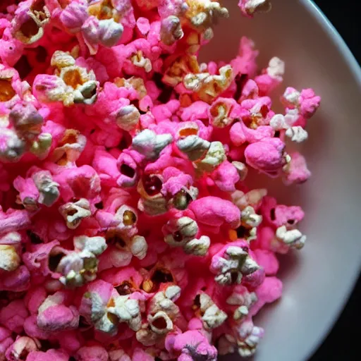 Prompt: close up high resolution photo of pink popcorn, very tasty, food photography, instagram, trending