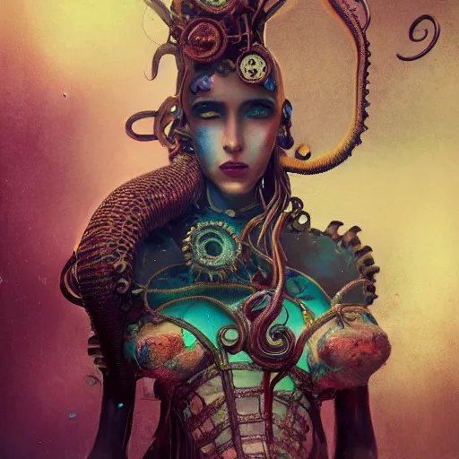 Prompt: photorealistic soft paint underwater render of a curiosities carnival single female in a full steampunk armor, multiples very long tentacles, partial symmetry accurate features, ominous depths, elegance, refractions, reflections, focus, rainbow lighting, very high details, award winning masterpiece, octane, artstation, squids, by tom bagshaw