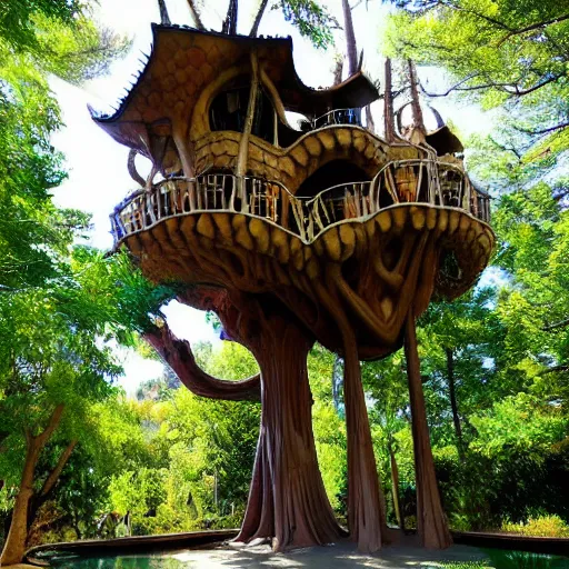 Image similar to Gaudí treehouse, Gaudí inspired, realistic,