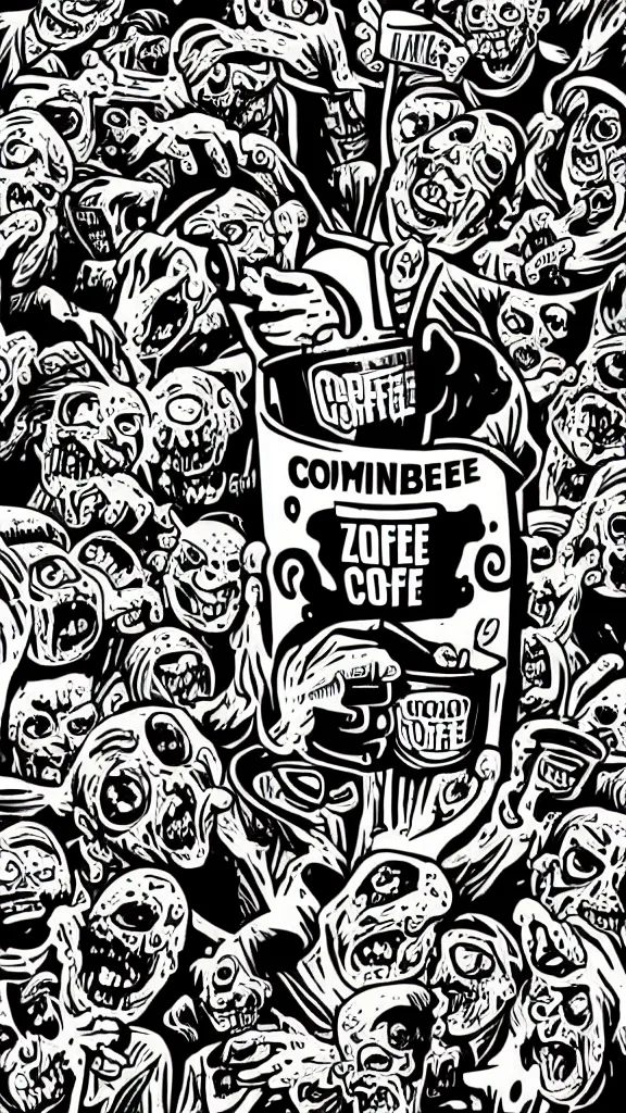 Image similar to zombie coffee logo by mcbess, full colour print, coffee advert