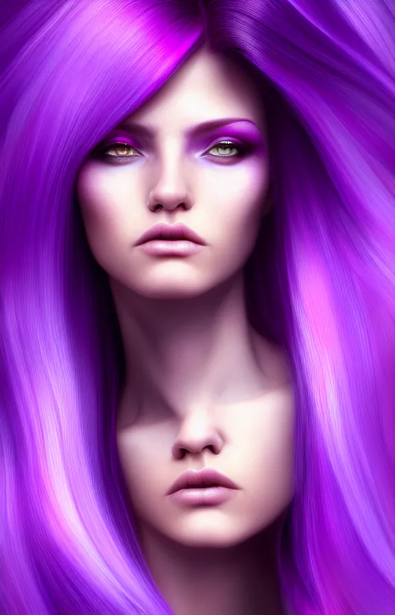 Image similar to Purple hair relistic macro Portrait of a woman with bright colored flying hair, all shades of purple. Beauty face, Hair coloring, fantasy, intricate, elegant, highly detailed, digital painting, artstation, concept art, smooth, sharp focus, illustration, art by artgerm and greg rutkowski and alphonse mucha