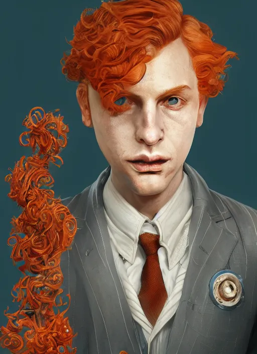 Image similar to biohazard portrait of curly orange hair man from bioshock, au naturel, hyper detailed, digital art, trending in artstation, cinematic lighting, studio quality, smooth render, unreal engine 5 rendered, octane rendered, art style by klimt and nixeu and ian sprigger and wlop and krenz cushart.