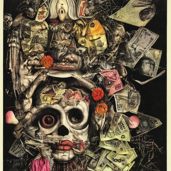 Image similar to post - punk new age album cover, asymmetrical design, dollar bank notes, capitalism, magic, apocalypse, psychedelic, black white pink, highly detailed, magic, giger h. r., giuseppe arcimboldo