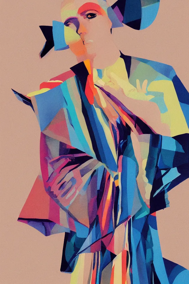 Image similar to naturalist portrait of a modern shaman, modern minimal isei miyake outfit, in the style of vogue, syd mead, triadic color scheme, bioluminiscent fabrics, concept art