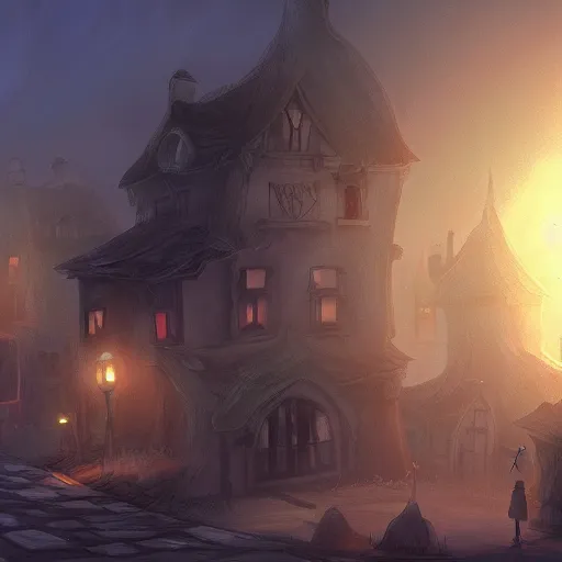 Prompt: A dilapidated foggy village with black mages walking around as seen in final fantasy 9 Vivi, digital painting, concept art, artstation