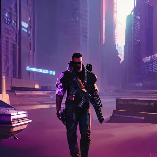 Image similar to cyberpunk 2 0 7 7 cop, purple and blue hour, art by craig mullins