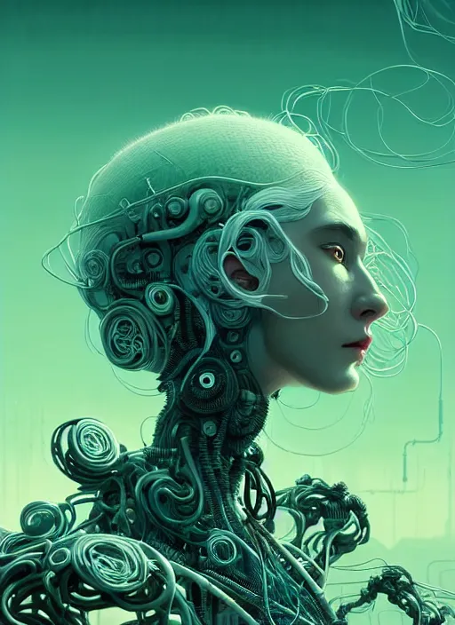 Prompt: highly detailed portrait of a biopunk long curly white hair tribal lady, stray wiring by atey ghailan, james gilleard, by joe fenton, by greg rutkowski, by greg tocchini, by kaethe butcher, 4 k resolution, gradient green, black and white color scheme!!! ( ( irradiated robotic rocky tornado landscape background ) )
