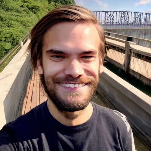 Prompt: Pewdiepie Selfie at a bridge