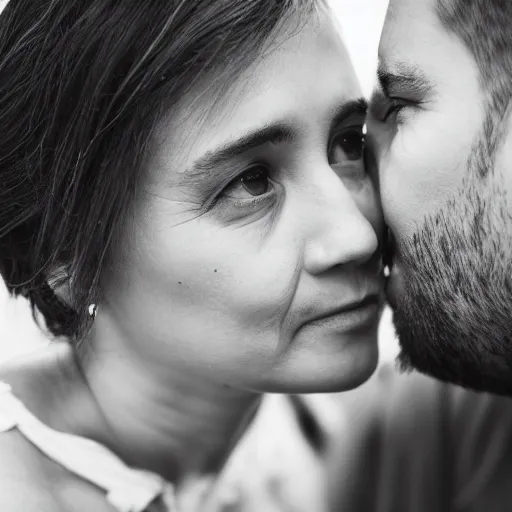 Prompt: A woman and a man looking at each other, close up portrait shot