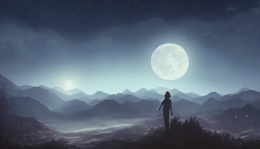 Prompt: a beautiful landscape at dusk, big moon and stars in the sky, matte painting, dark blue tones, concept art, 4k