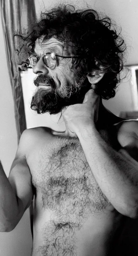 Prompt: Terence McKenna with his shirt off mirror selfie