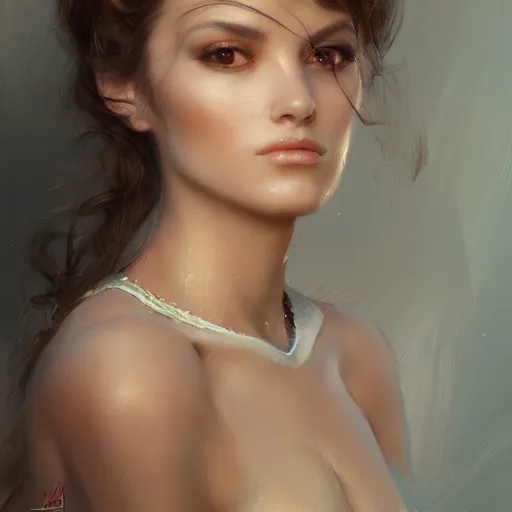 Image similar to a beautiful portrait painting of a glamorous actress, masterpiece by famous artist nasreddine dinet and eugene de blaas and greg rutkowski and artgerm and wlop, path tracing, intricate, elegant, highly detailed, digital painting, artstation, concept art, smooth, sharp focus