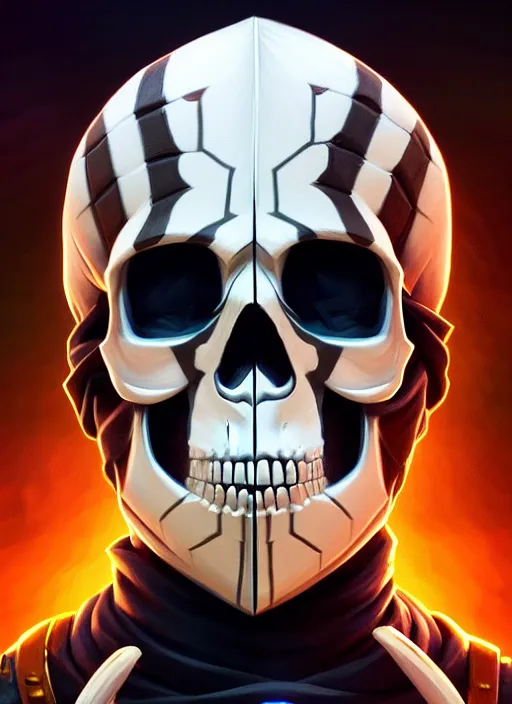 Image similar to symmetry!! portrait of a skull trooper from fortnite, intricate, elegant, highly detailed, digital painting, artstation, concept art, smooth, sharp focus, illustration, art by artgerm and greg rutkowski and alphonse mucha