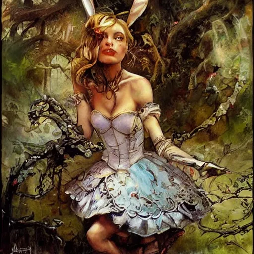 Prompt: alice in wonderland, intricate detail, painting, royo, frazetta, whealan,