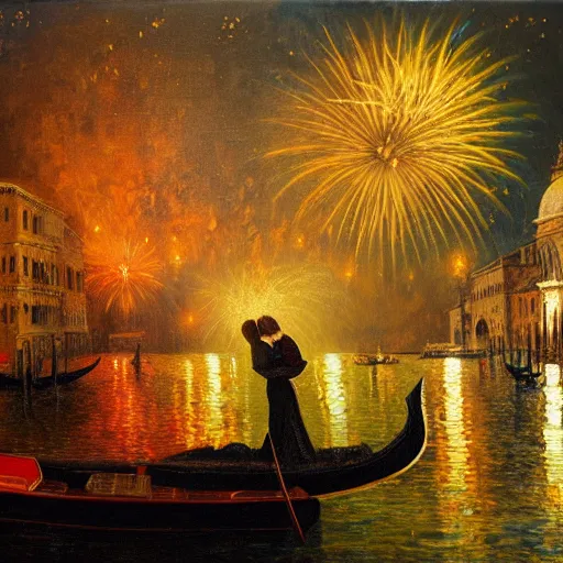 Image similar to an oil painting of couple kissing, in a background fireworks in venice