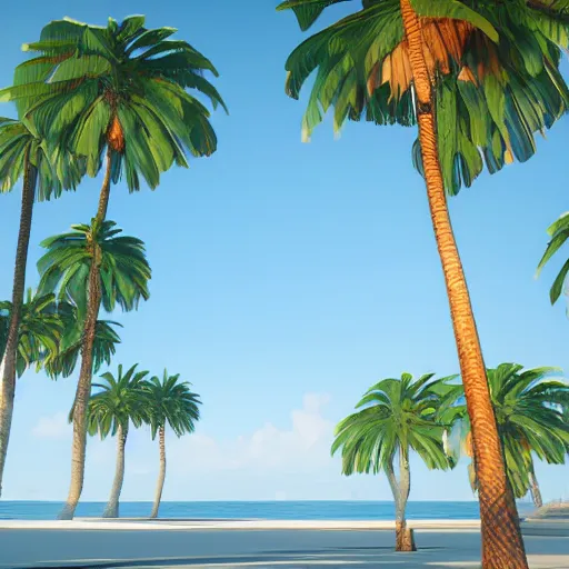 Image similar to palm trees on the beach, concept art, cgsociety, octane render, trending on artstation, artstationHD, artstationHQ, unreal engine, 4k, 8k