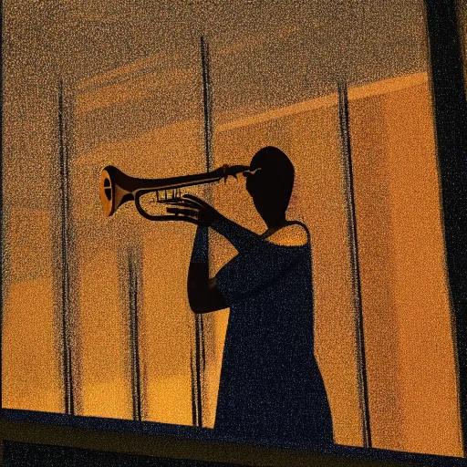 Image similar to a woman playing the saxophone on the roof of a building while it's raining, paint, golden hour