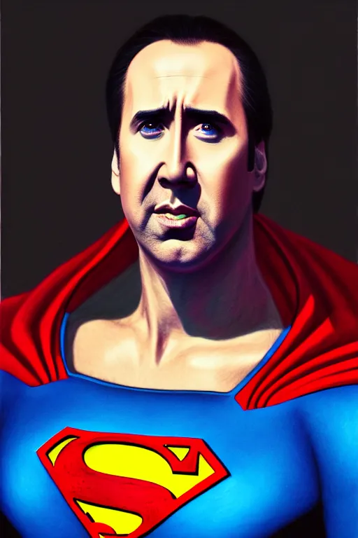 Image similar to portrait of nicolas cage as superman looking away from the camera, intricate, hyperrealistic, extremely detailed ballpoint drawing by simon stalenhag and greg rutkowski, artstation