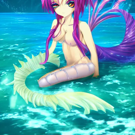 Image similar to anime cyber mermaid on the beach of a tropical island