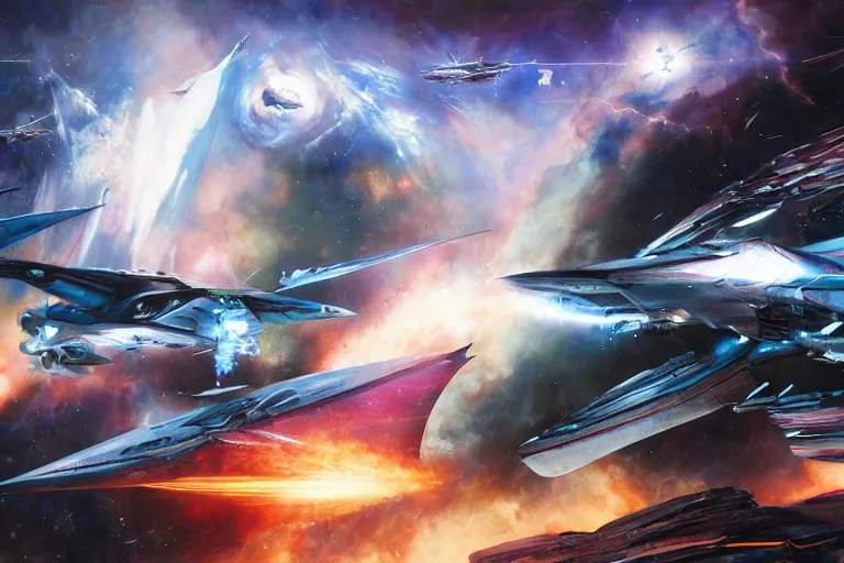 Image similar to nebula by raymond swanland, framing a pteranodon battlecruiser, with bold white kanji and number insignias, sleek, white john berkey panels, spines and towers, rows of windows lit internally, sensor array, blazing engines, robotech styling, boeing concept art, cinematic lighting by liam wong