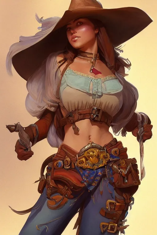 Image similar to beautiful female cowgirl, full body shot, d & d, fantasy, intricate, elegant, highly detailed, digital painting, artstation, concept art, matte, sharp focus, illustration, hearthstone, art by artgerm and greg rutkowski and alphonse mucha