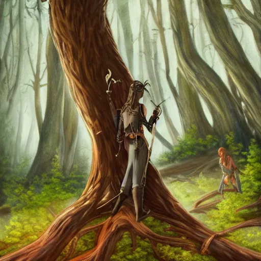 Image similar to painting of the silhouette of two elven warriors in the distance, standing on a big tree root in a deep giant forest, by kev walker, acrylic washes and colored pencils, brilliantly colored painting, fantasy, trending on artstation, intricate, 8 k