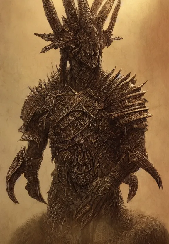 Prompt: beastman tribal warrior concept, wearing tribal armor, beksinski, wayne barlowe, adrian smith fantasy art, the hobbit art, lord of the ring art, the witcher concept art, trending on artstation, game of throne art