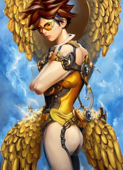 Image similar to full body oil painting of tracer overwatch in the style of frank frazetta, angel wings, dramatic painting, symmetrical composition, ornate, golden chains, silky garment, high detail, gold detailed collar!!!!!, blooming, angelic, lights, flowers, heavenly, bright, detailed face,