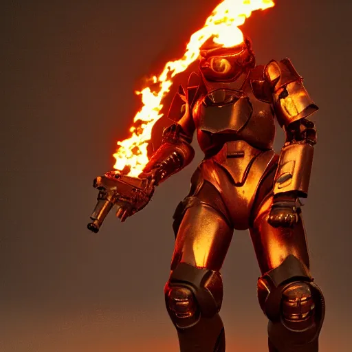 Prompt: a soldier wearing a full set of hellfire advanced power armor and holding a flamethrower, 3 d render, octane, ray tracing, ultra detailed, photorealistic, high resolution, 8 k