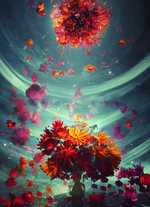 Image similar to An epic fantastic realism comic book style painting of the most beautiful spinning flowers floating into the dark and starry cosmos, exquisite bouquets, fisheye, a star implodes, unreal 5, DAZ, hyperrealistic, octane render, dynamic lighting