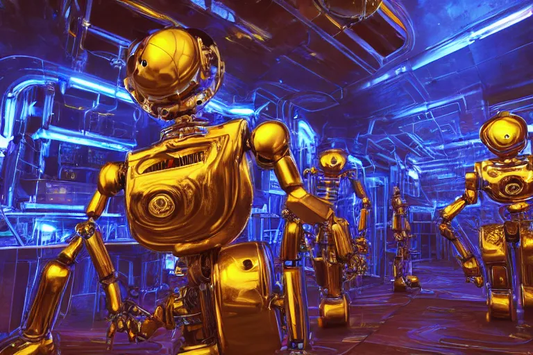 Prompt: on the floor sits a sad golden and blue metal humanoid steampunk robots wearing and gears and tubes, eyes are glowing red lightbulbs, shiny crisp finish, 3 d render, 8 k, insaneley detailed, fluorescent colors, background is backdoor entrance to a futuristic nightclub, nightlight