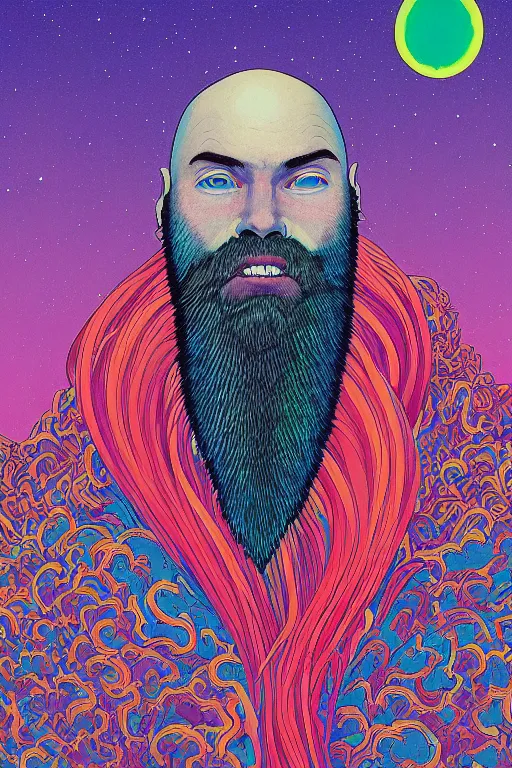 Image similar to a colorful psychedelic closeup portrait of a young bald man with a very long wild beard dreaming psychedelic hallucinations in the vast icy landscape of antarctica, by kawase hasui, moebius and edward hopper, colorful flat surreal design, hd, 8 k, artstation