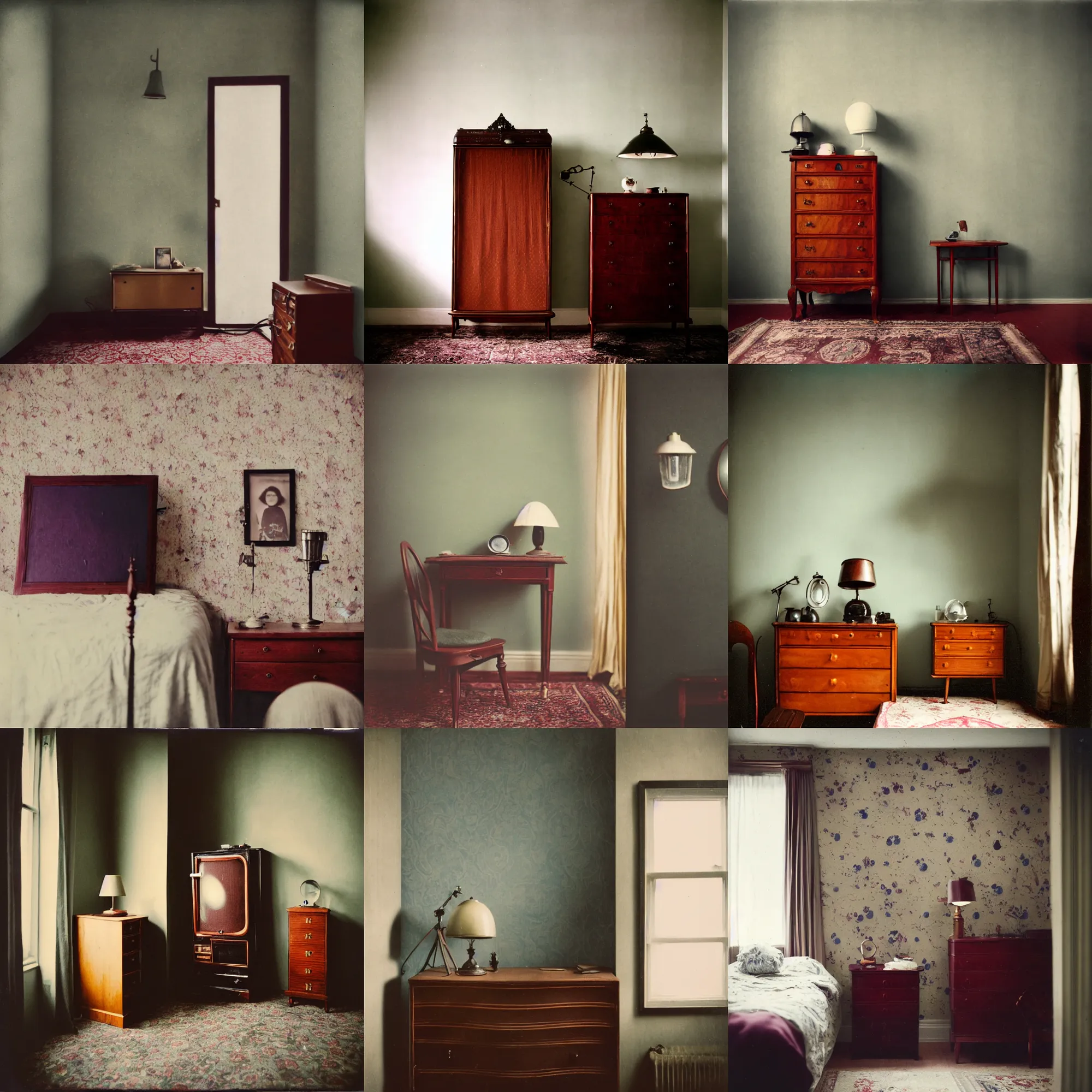 Image similar to kodak portra 4 0 0, wetplate, fisheye, award - winning portrait photo by britt marling, 1 9 2 0 s room, picture frames, 1 9 2 0 s furniture, wallpaper, carpet, shining lamp,, muted colours, blueberry, wood, fog,