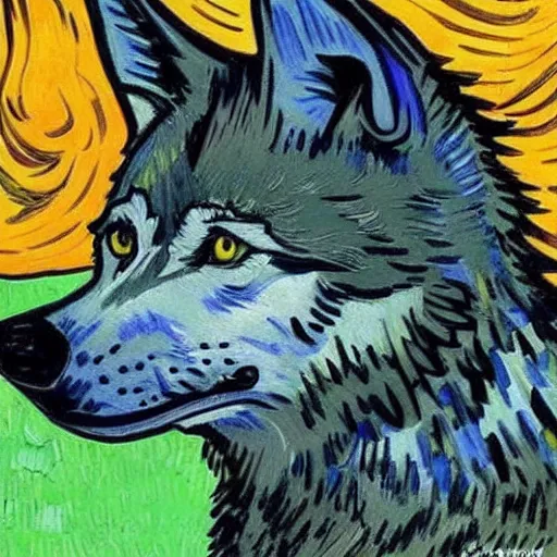 Image similar to retard wolf, van gogh, vivid colors, portrait paintin,