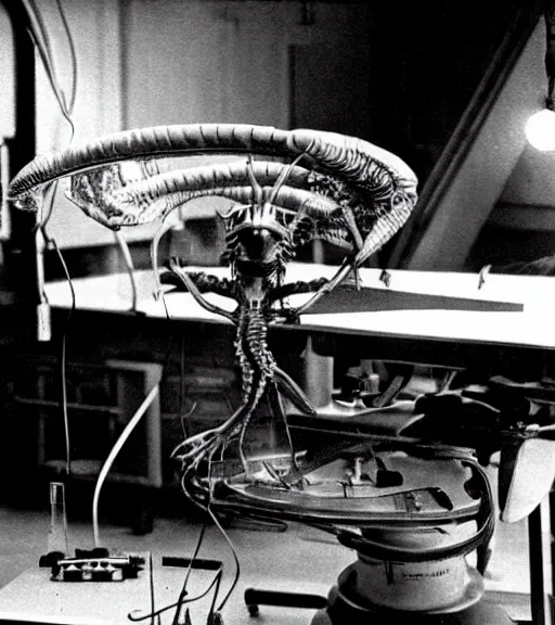 Image similar to Alien lying on an operation table in a lab, photograph from 1890, grainy, high detail, high resolution, by David Cronenberg