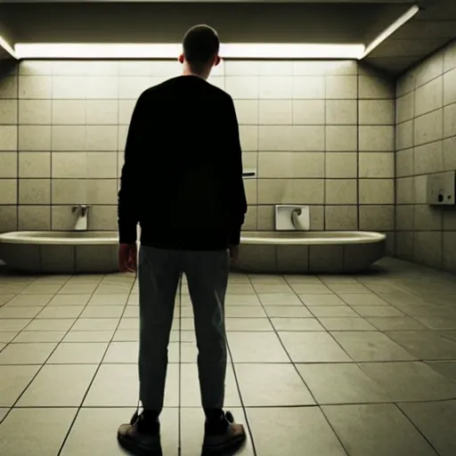 Prompt: photograph of a man with a urinal instead of his head begging for food, 8k resoloution, high detail, ULTRA REALISTIC VFX, reflections