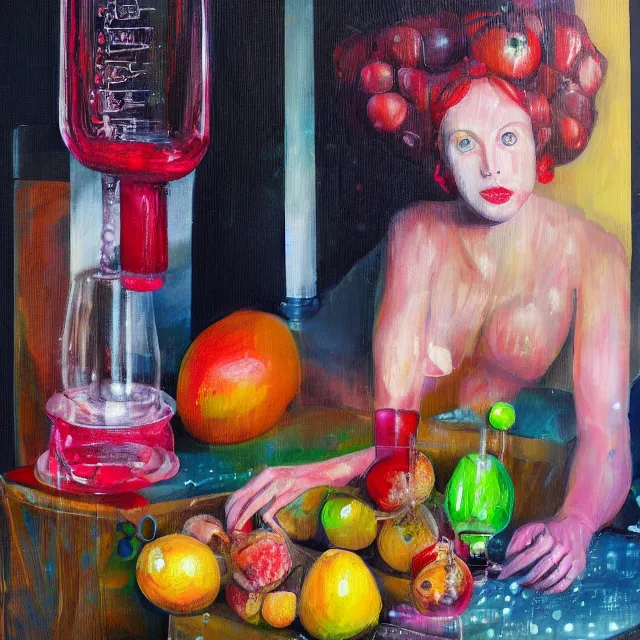 Prompt: portrait of a female humanoid, fresh fruit, squashed berries dripping, pig, scientific glassware, houseplant, art supplies, led lights, neoimpressionist, surrealism, acrylic and spray paint and oilstick on canvas