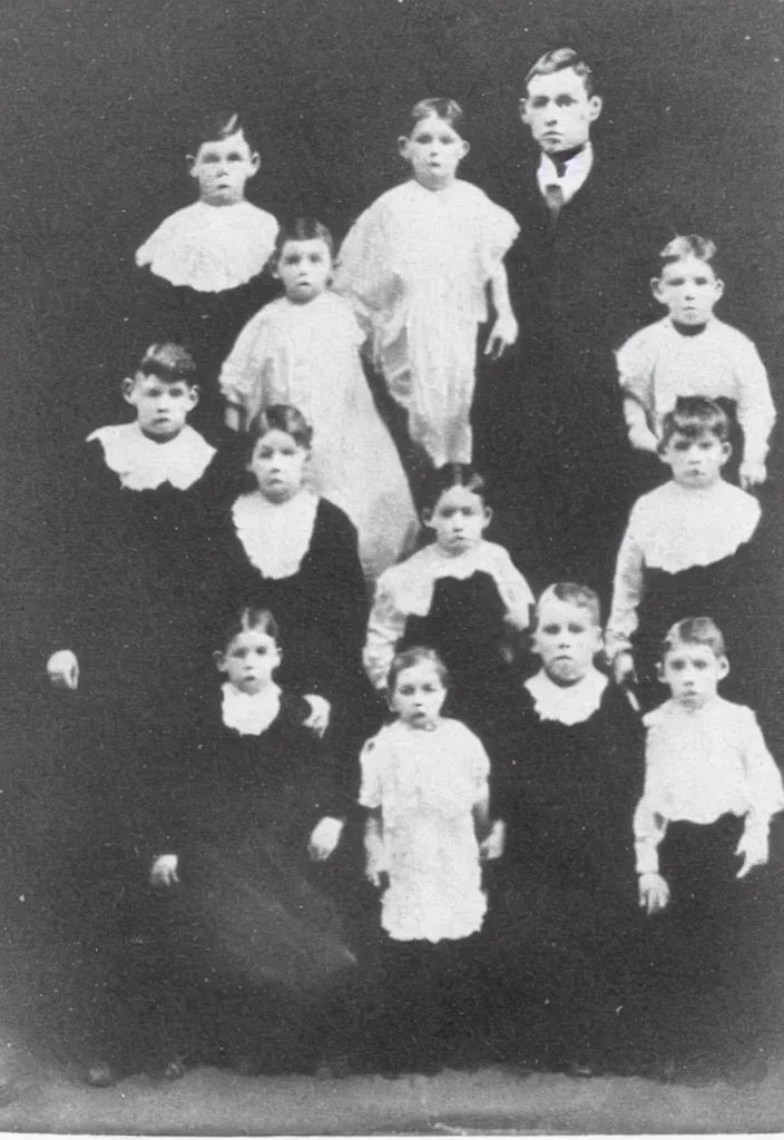 Image similar to photo taken in the 1 9 1 0's, full body view, family pictures with ghost children semi - visible