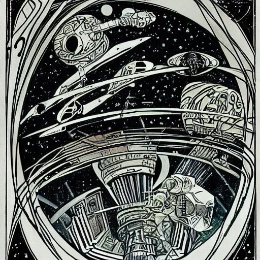 Prompt: space travel. graphical work by anatoly fomenko and bilibin and giger