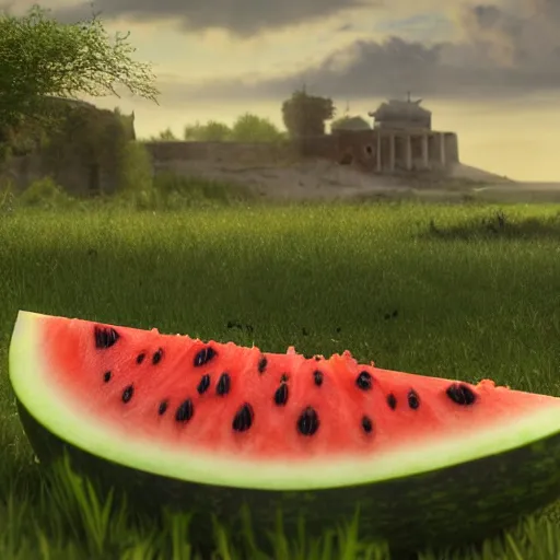 Image similar to Very very very very highly detailed Watermelon as military vehicle with epic weapons, on a battlefield in russian city as background. Photorealistic Concept 3D digital art in style of Caspar David Friedrich, super rendered in Octane Render, epic RTX dimensional light