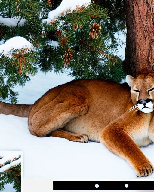 Image similar to magazine page showing 'a cougar sleeping in the middle of snowy pine tree' laying on coffee table, zoomed out shot, HD, iphone screenshot