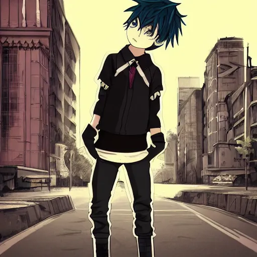 Prompt: a boy is wearing a punk outfit, he is walking in the middle of the street, anime art, elegant, smooth, hd