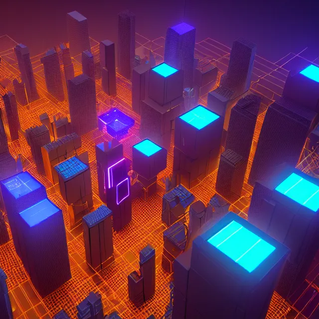 Prompt: 3 d render of glowing futuristic voxel blocks tied together with chains, in the distance a cyberpunk blockchain city is seen, blockchain, symmetry, painted, intricate, volumetric lighting, beautiful, rich deep colors masterpiece, sharp focus, ultra detailed, in the style of dan mumford and marc simonetti