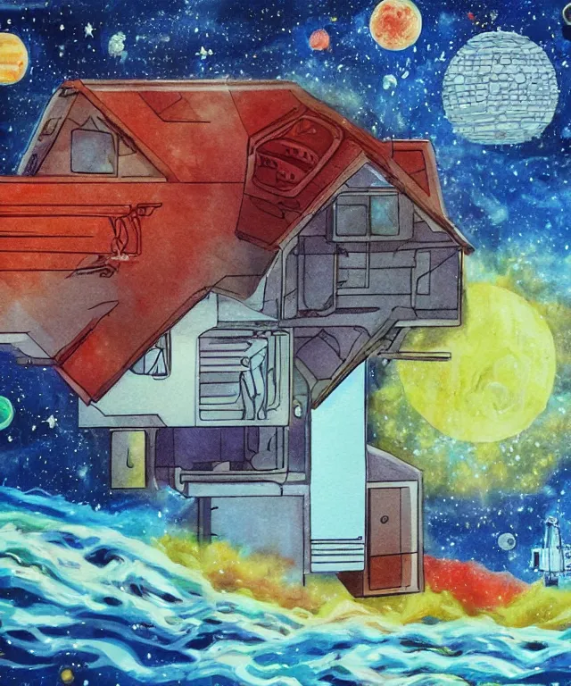 Prompt: a house in space, water painting